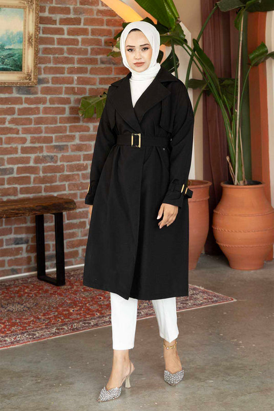 Schwarzer Gürtel-Trenchcoat Mit Verstellbaren Ärmeln