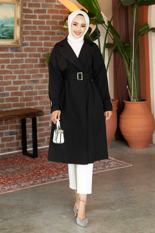 Schwarzer Gürtel-Trenchcoat Mit Verstellbaren Ärmeln