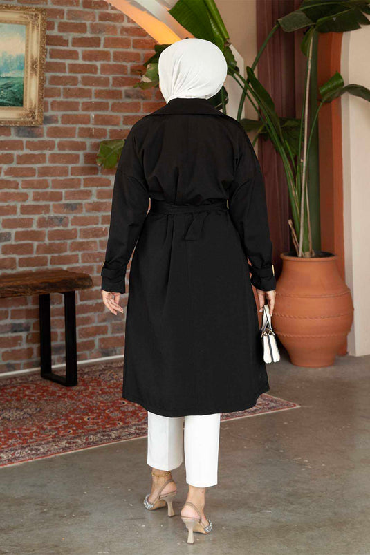 Schwarzer Gürtel-Trenchcoat Mit Verstellbaren Ärmeln