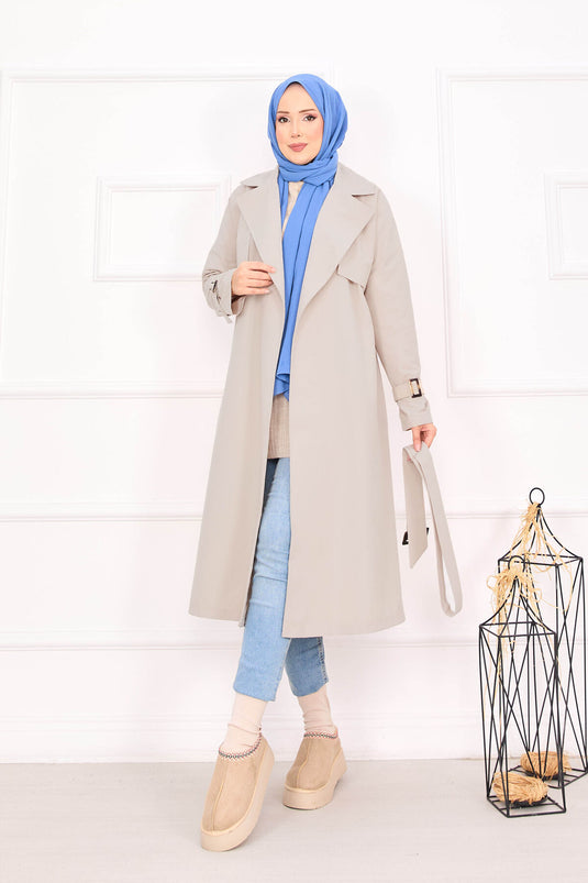 Trench Coat with Removable Belt and Adjustable Sleeves Stone