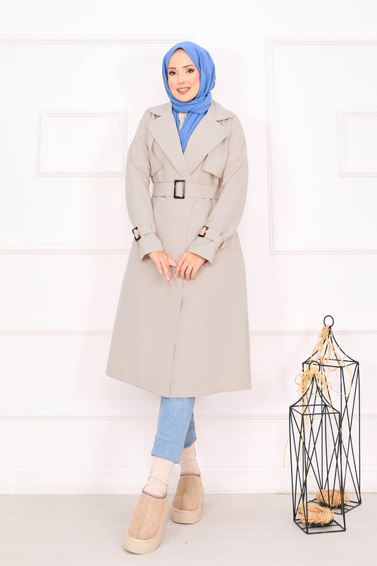 Trench Coat with Removable Belt and Adjustable Sleeves Stone