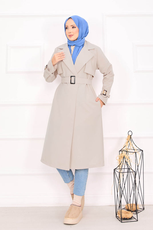 Trench Coat with Removable Belt and Adjustable Sleeves Stone