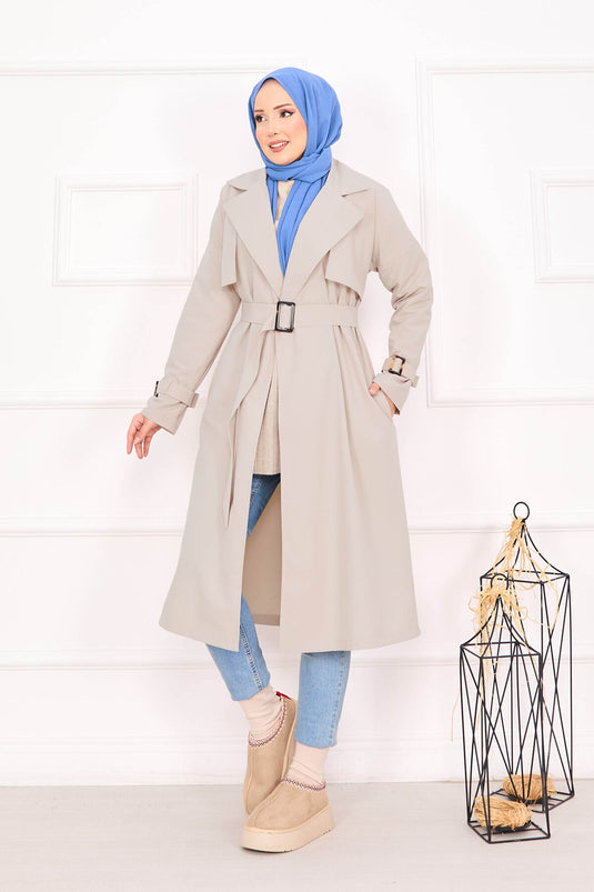 Trench Coat with Removable Belt and Adjustable Sleeves Stone