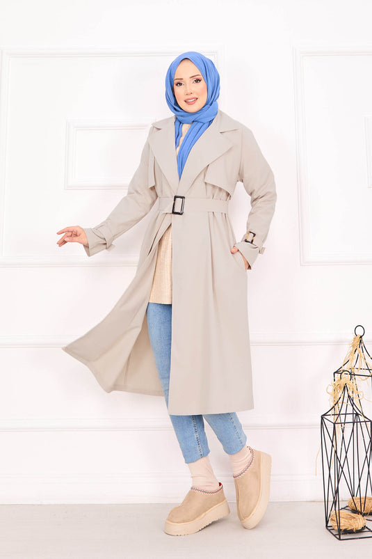 Trench Coat with Removable Belt and Adjustable Sleeves Stone