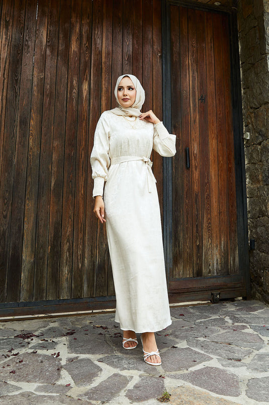 Abito jacquard con cintura rimovibile e maniche a sbuffo, beige