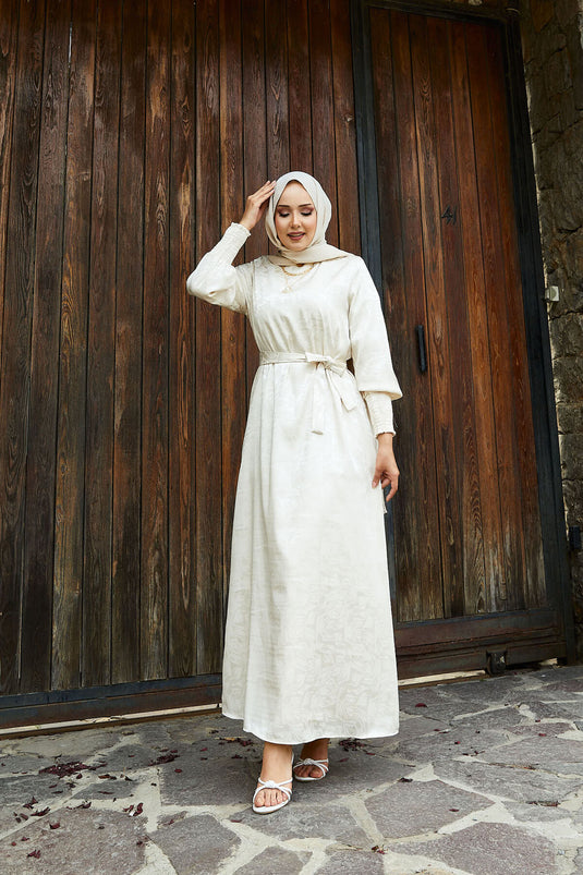 Abito jacquard con cintura rimovibile e maniche a sbuffo, beige