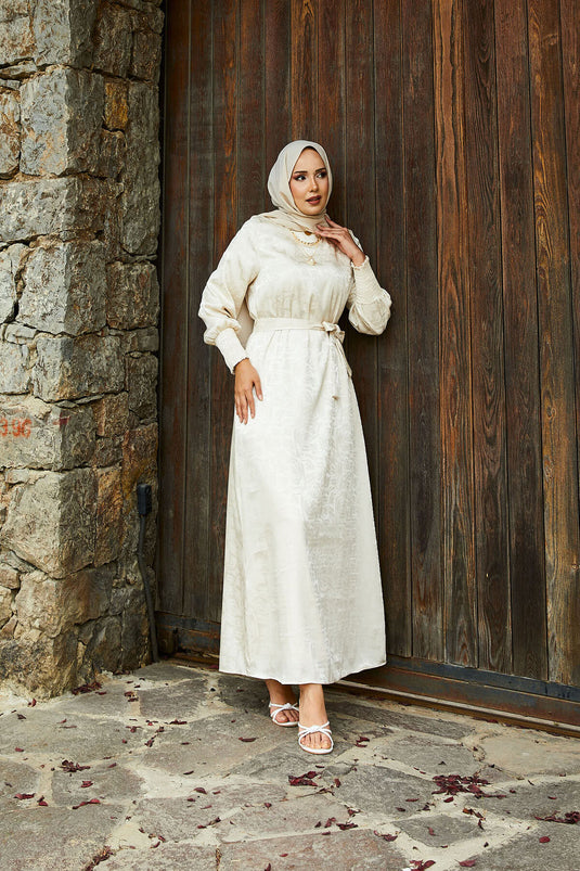 Abito jacquard con cintura rimovibile e maniche a sbuffo, beige