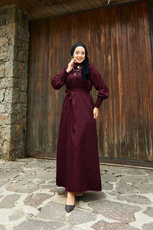 Jacquard Dress with Removable Belt and Gipel Sleeves, Burgundy
