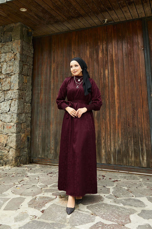 Jacquard Dress with Removable Belt and Gipel Sleeves, Burgundy