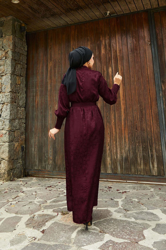 Jacquard Dress with Removable Belt and Gipel Sleeves, Burgundy