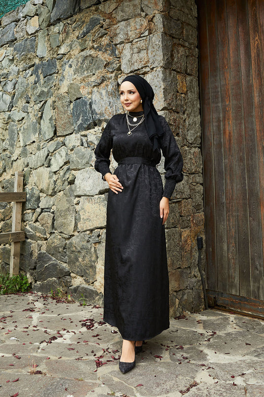 Jacquardkleid Mit Abnehmbarem Gürtel Und Gipelärmeln, Schwarz