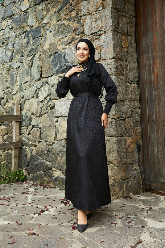 Jacquardkleid Mit Abnehmbarem Gürtel Und Gipelärmeln, Schwarz