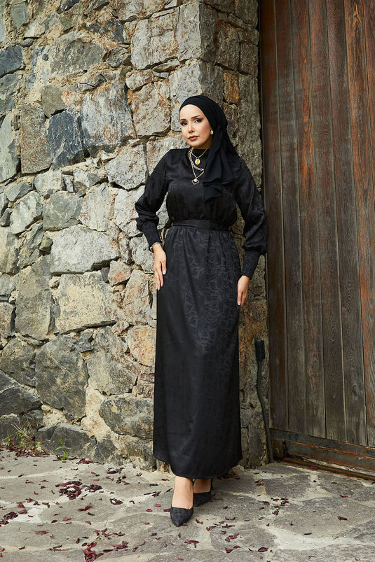 Jacquardkleid Mit Abnehmbarem Gürtel Und Gipelärmeln, Schwarz