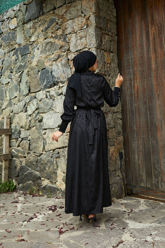Jacquardkleid Mit Abnehmbarem Gürtel Und Gipelärmeln, Schwarz