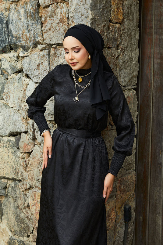 Jacquardkleid Mit Abnehmbarem Gürtel Und Gipelärmeln, Schwarz