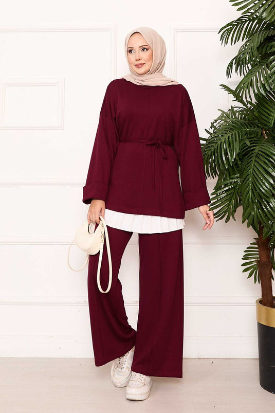 Mobile Belted Sleeved Folding Detail Oyşo Set Burgundy