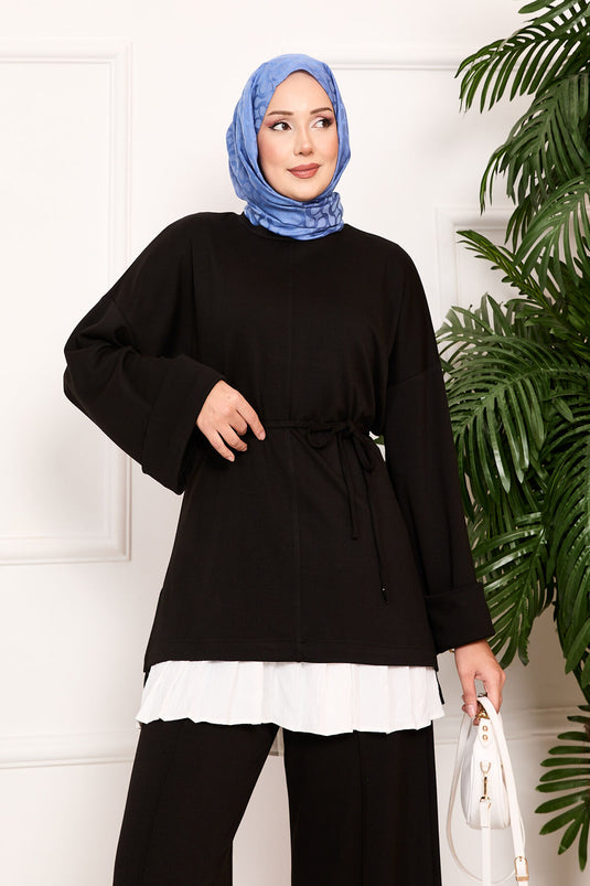 طقم أويشو أسود بتفاصيل طي الأكمام وحزام سييار