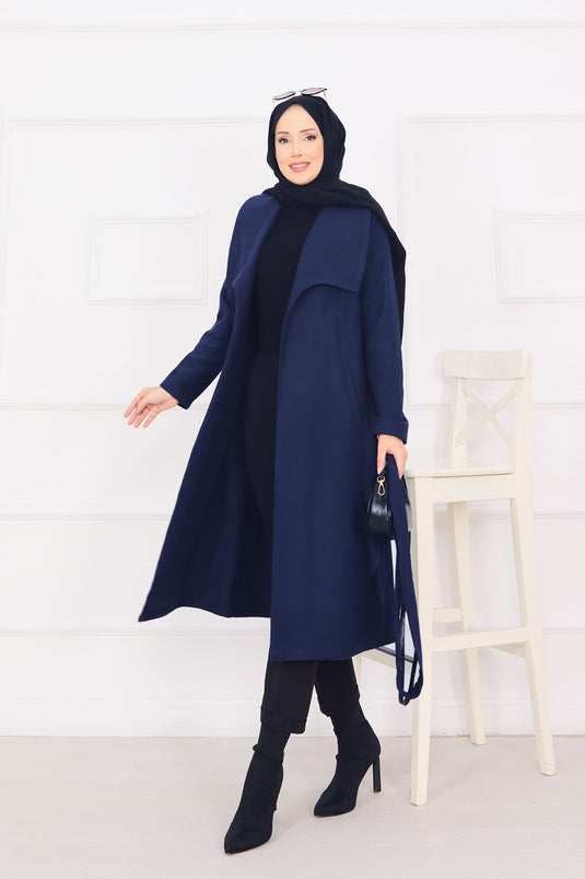 Manteau en cachemire bleu marine à col châle et ceinture amovible
