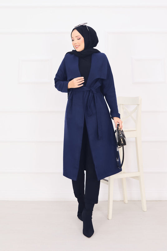 Manteau en cachemire bleu marine à col châle et ceinture amovible