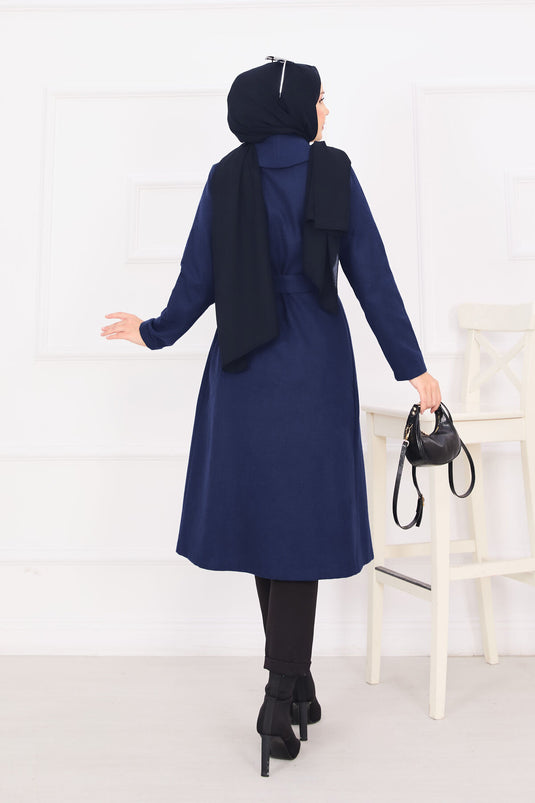 Manteau en cachemire bleu marine à col châle et ceinture amovible