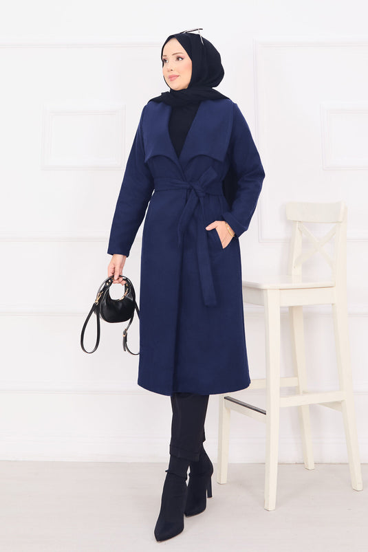 Manteau en cachemire bleu marine à col châle et ceinture amovible