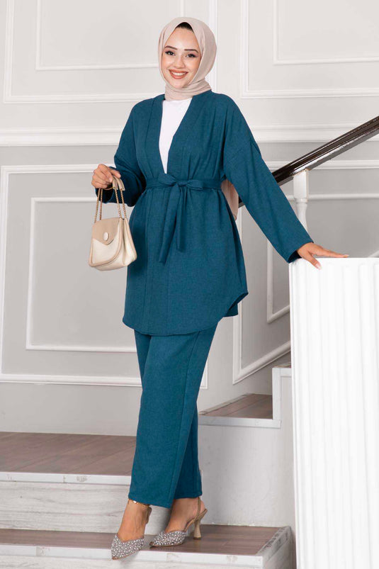 Removable Belted Hijab Kimono Set Petrol
