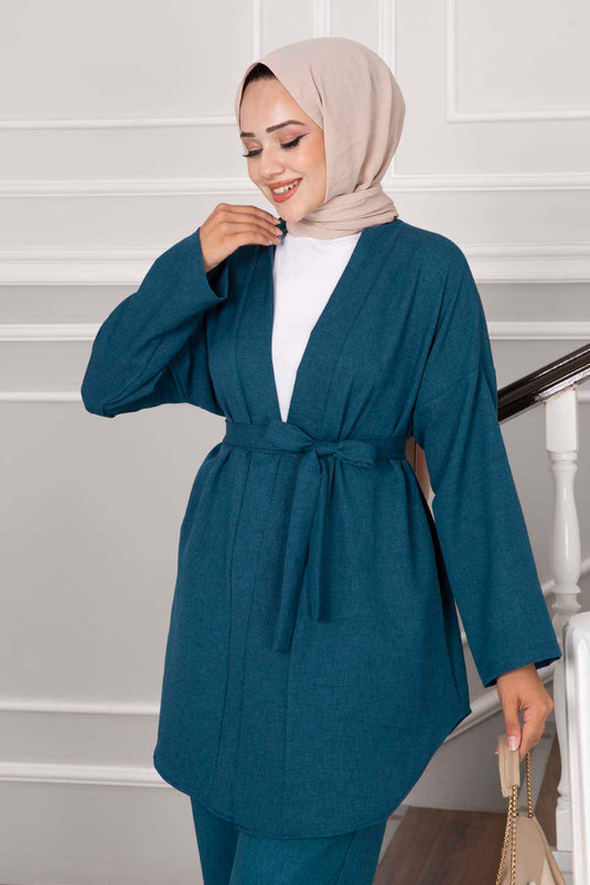 Removable Belted Hijab Kimono Set Petrol