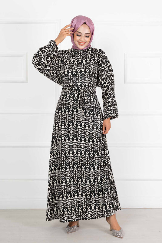 Removable Belted Batwing Sleeve Hijab Dress Black