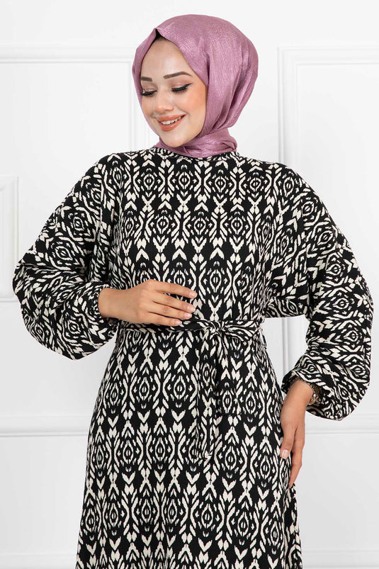 Removable Belted Batwing Sleeve Hijab Dress Black