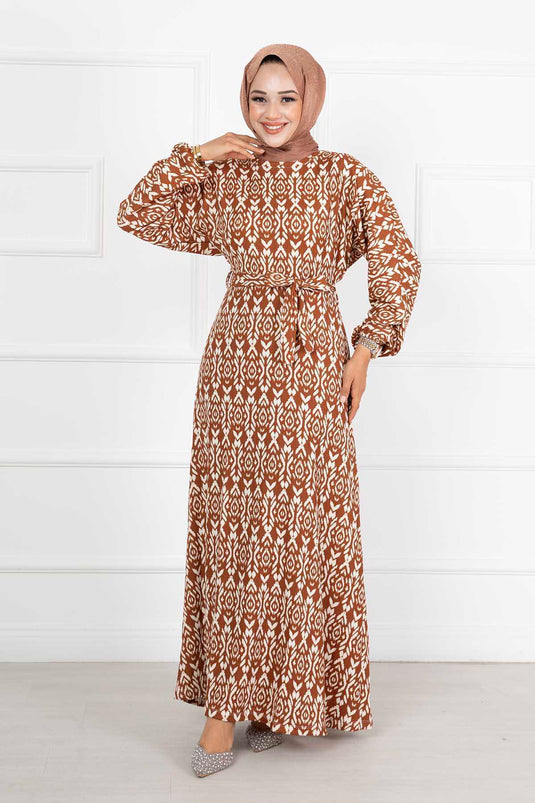Removable Belted Batwing Sleeve Hijab Dress in Tan