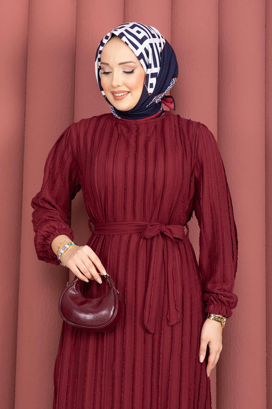 Seyyar Kuşaklı Zaranur Elbise Bordo