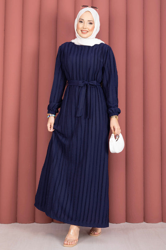 Zaranur Dress with Detachable Belt Navy Blue
