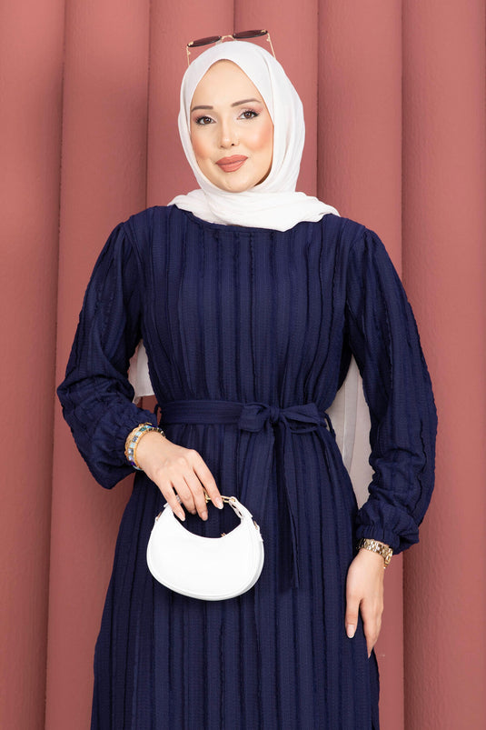 Zaranur Dress with Detachable Belt Navy Blue
