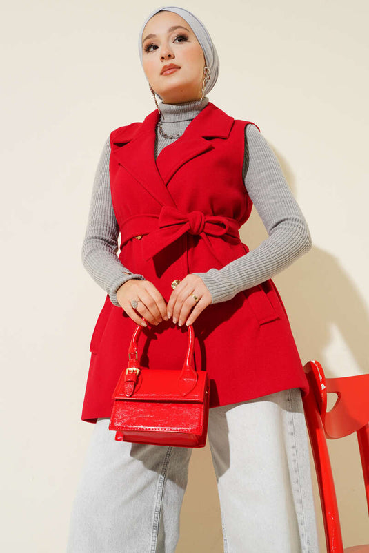 Gilet in cashmere con cintura e maniche a zero, rosso