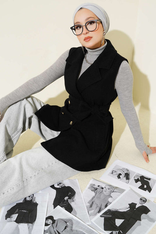 Gilet in cashmere con cintura e maniche a zero, nero