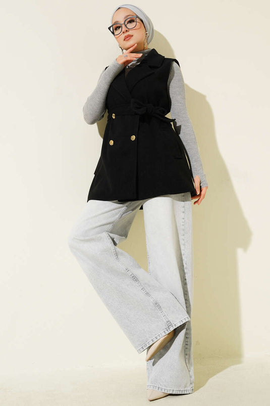 Gilet in cashmere con cintura e maniche a zero, nero