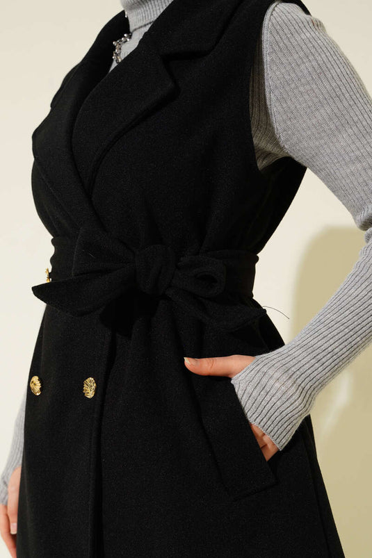 Gilet in cashmere con cintura e maniche a zero, nero