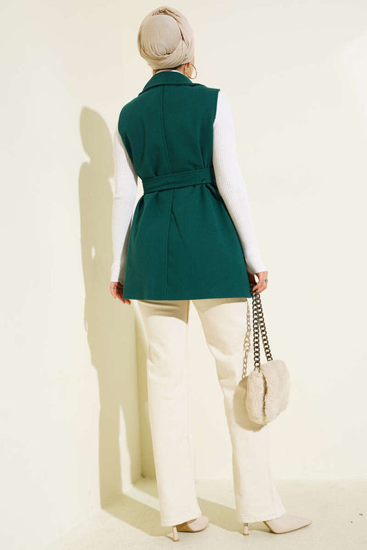 Gilet in cashmere con cintura e maniche a zero, smeraldo