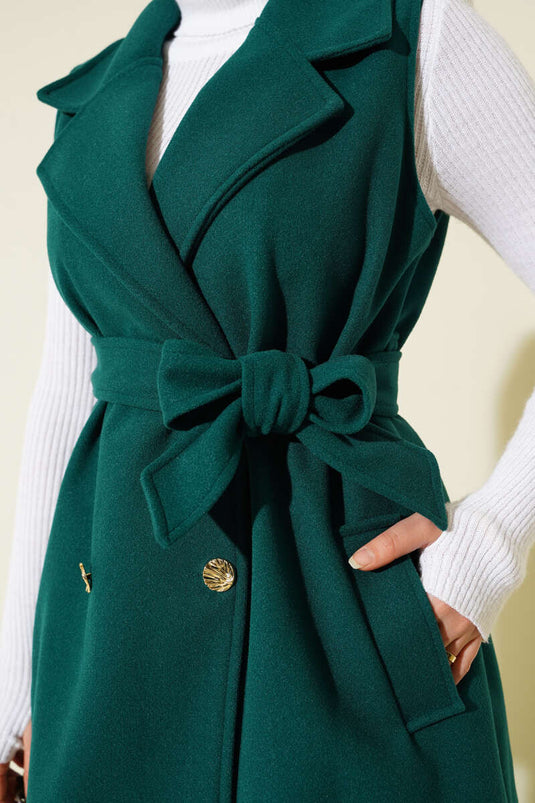 Gilet in cashmere con cintura e maniche a zero, smeraldo