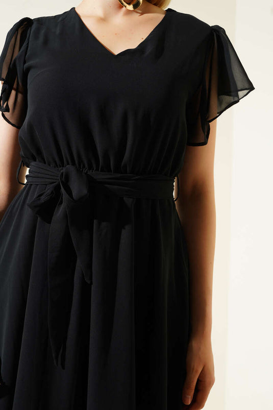 Vestido de gasa con lazo en la cintura, color negro