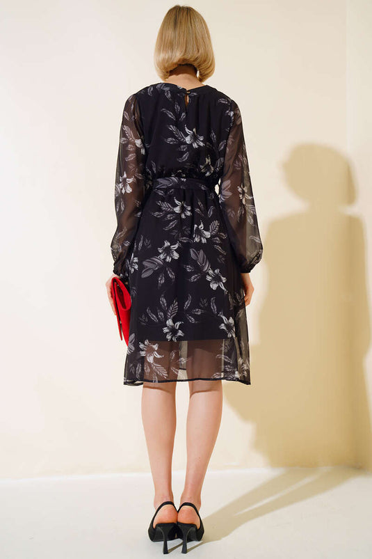 Chiffon Floral Patterned Dress Black