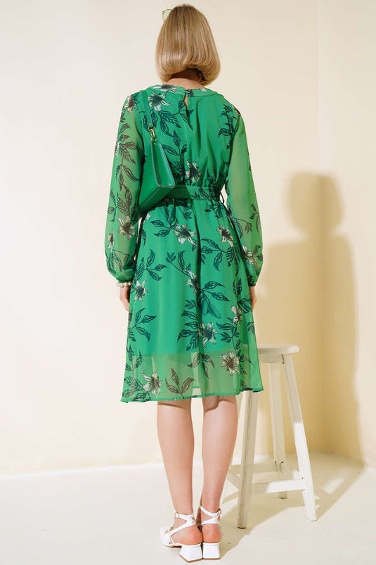 Chiffon Floral Patterned Dress Green
