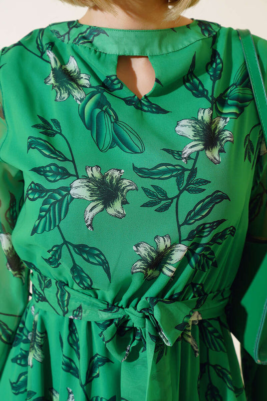 Chiffon Floral Patterned Dress Green