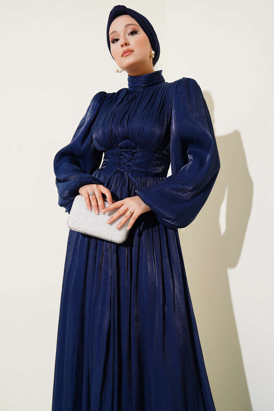 فستان سهرة شيفون مطوي مع رباط حبل، أزرق داكن