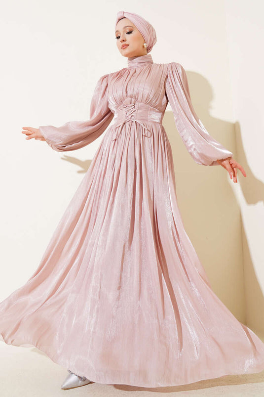 Chiffon geplooide avondjurk met touwstrik, poeder