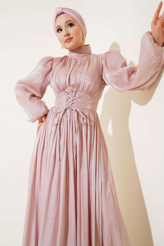 Chiffon geplooide avondjurk met touwstrik, poeder