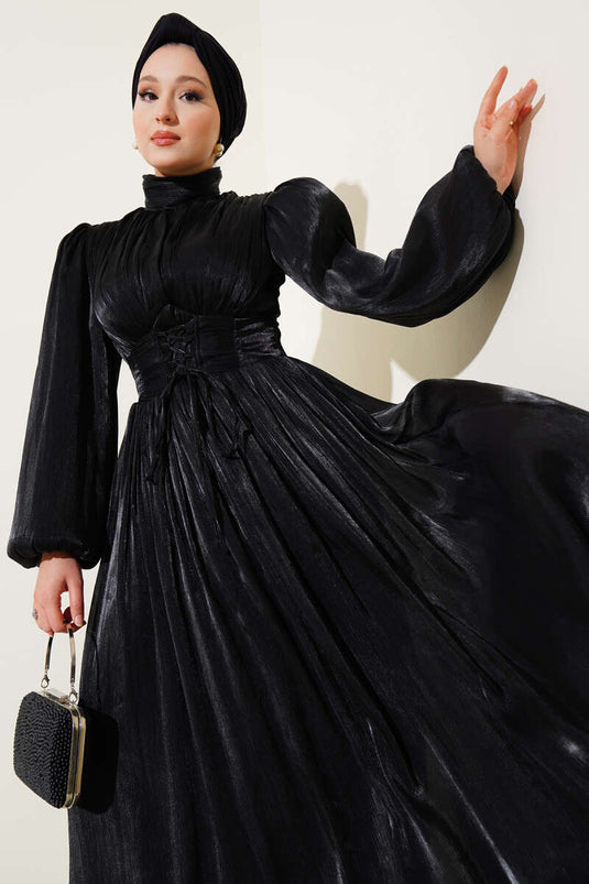 فستان سهرة شيفون مطوي مع رباط حبل، أسود