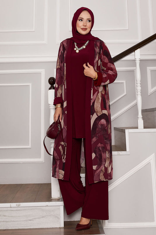 Şifon Kimono Detaylı Üçlü Kombin Bordo
