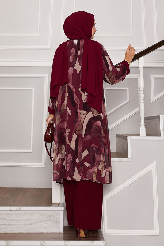 Şifon Kimono Detaylı Üçlü Kombin Bordo