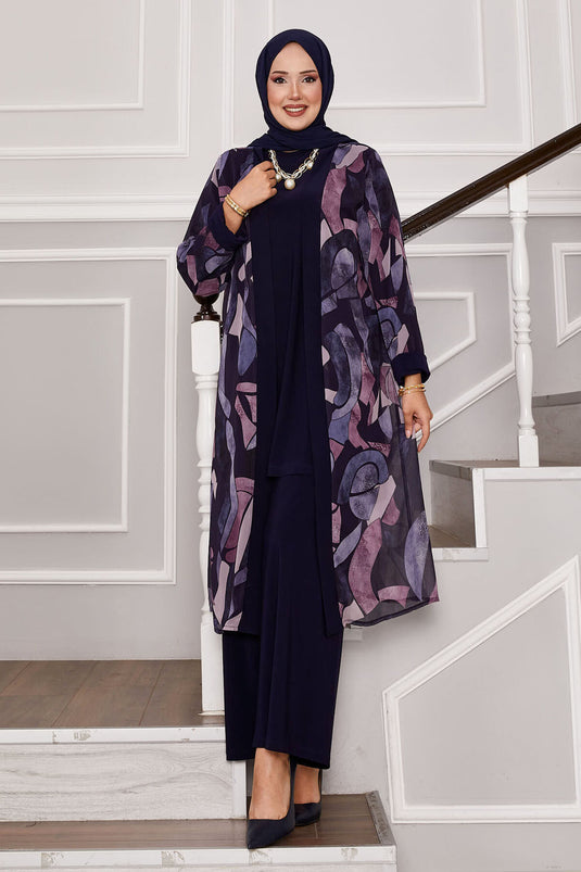 Chiffon kimono gedetailleerde driedelige outfit marineblauw